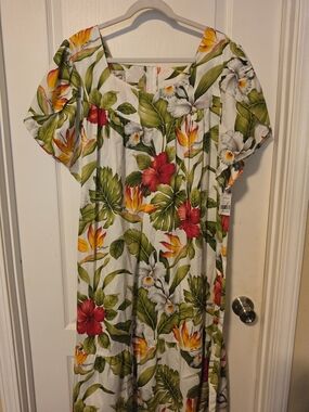 Hilo Hattie White Maxi Dress with Red, Yellow & Green Tropical Print